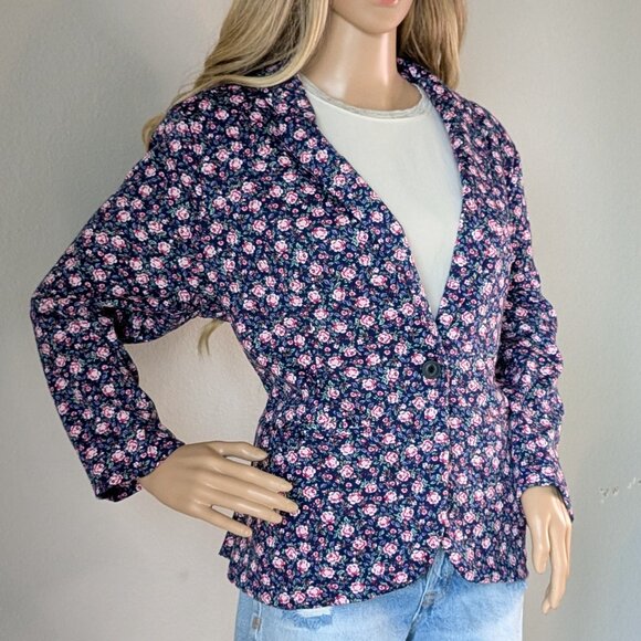 Lauren Conrad Blazer Women's Large Blue Pink Floral Roses Fitted One-Button LC - Picture 3 of 16